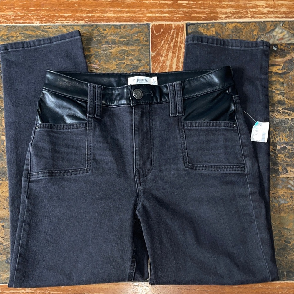 M Jeans Maurices Black Jeans faux leather Accents Size 8 Slim Straight Ankle